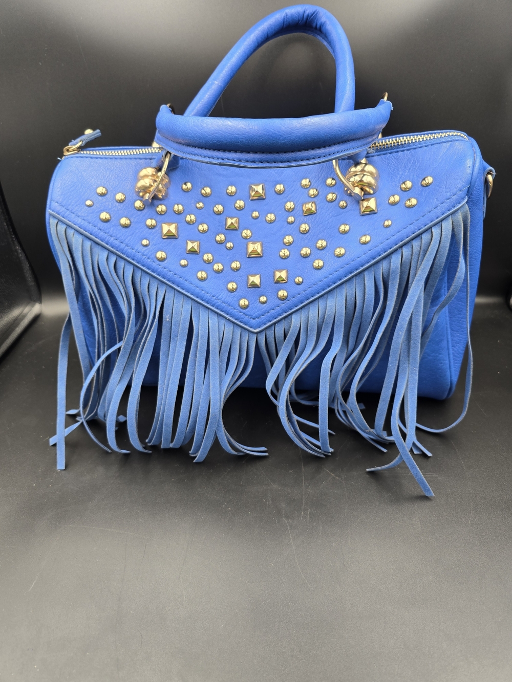 Wilsons Leather Royal Blue Fringe Satchel with Gold Studs